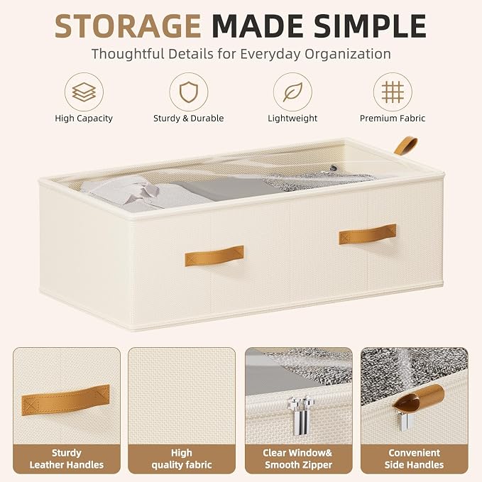 FHSQX 4 Pack Under Bed Storage Bins,10 Inch Tall,Beige, 31.5x15.8x10 inch | Clear Window, For Closet, Bed Sheets and Blankets