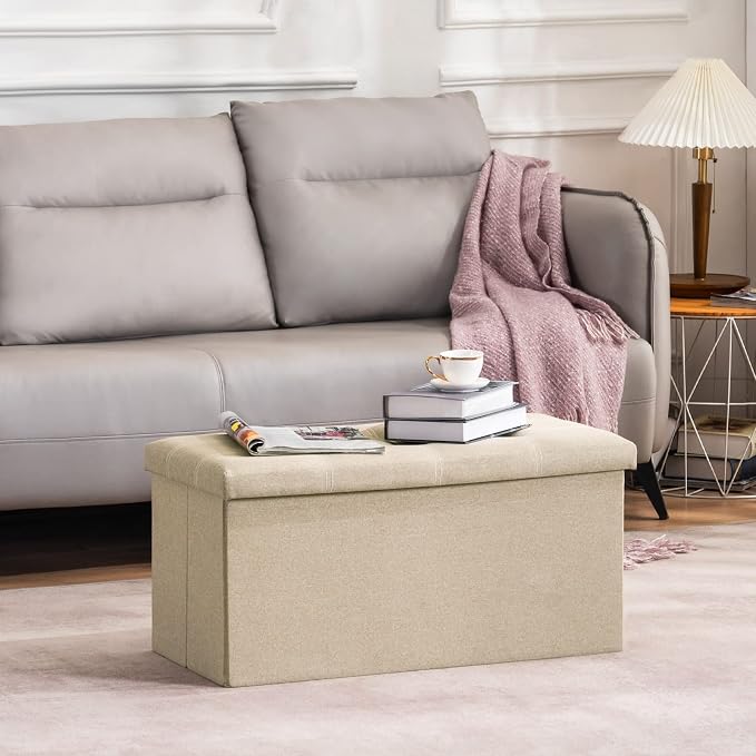 YOUDENOVA 30" Linen Ottoman with Storage, Folding Bench, Beige | Foldable linen ottoman with hidden storage, padded seat and sturdy frame for living room or bedroom.