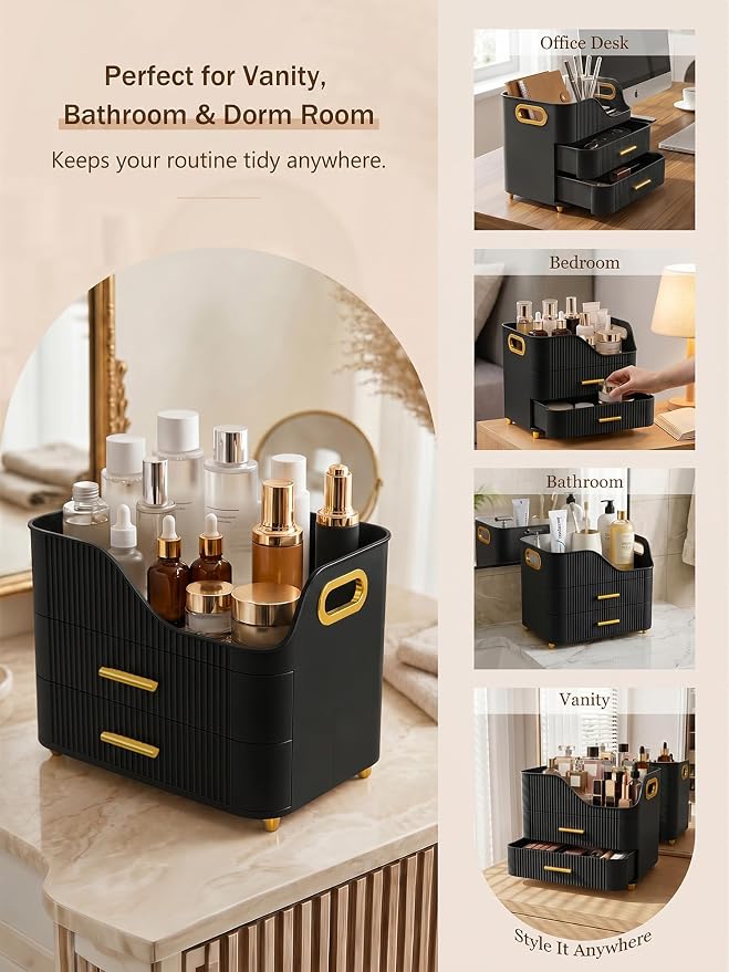 Booklov Large Makeup Organizer for Vanity, Bathroom Countertop, Black | Plastic Cosmetic Display Case with Drawers, Beauty Brush Holder for Dresser Counter Skincare Eyeshadow Lipstick Storage