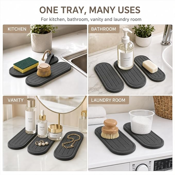 2PCS Water Absorbing Stone Drying Tray Mat for Bathroom Sink & Kitchen Counter Faucet Organizer Decor, Quick Dry Dish Soap Dispenser Sponge Holder, Vanity Caddy Coaster,Dark Gray -10"*3.8"