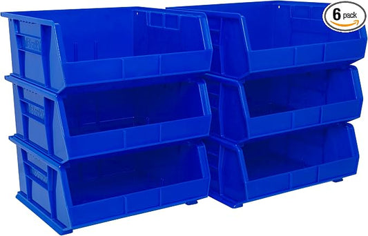 Akro-Mils 30250 AkroBins Plastic Storage Bins, 15"x16"x7", Blue, 6-Pack | Space-Saving Stackable Bins for Garage, Pantry, Craft Organization