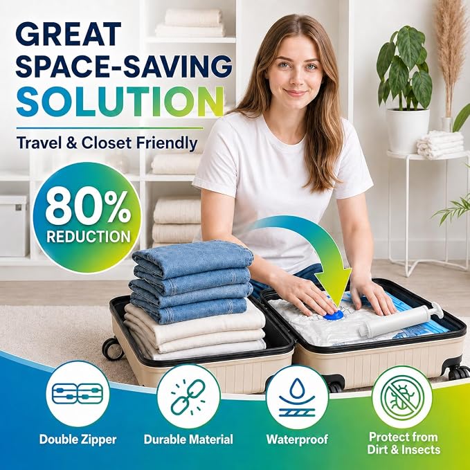 Vacuum Storage Bags,30Pack Vacuum Seal Bags for Clothing,Travel,Clothes,Comforters,Blankets,Pillows-6 Jumbo+6 Large+6 Medium+6 Small+6 Roll Up Space Saving Bag Hand Pump Included