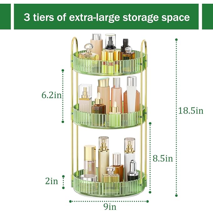 MOKANI 360 Rotating Makeup Organizer for Vanity, 3 Tier Perfume Organizer | Adjustable Multi-Function Spinning Cosmetics Skincare Storage for Bedroom, Dresser, Countertop, Green