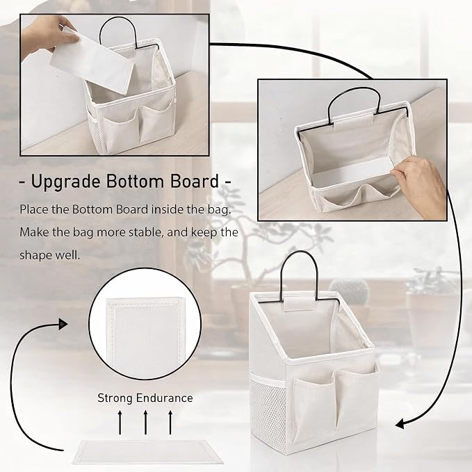Kanrichu 3pcs Wall Hanging Organizer Bag, Linen Fabric Door Hanging Storage Basket with Pockets, Waterproof Bin for Kitchen, Bedroom, Office, RV Camper (White-Upgraded)