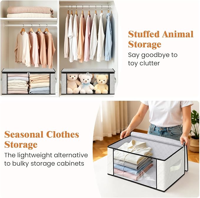 Fab totes 35L Closet Organizers and Storage, Foldable Under Bed Storage Containers, Storage bags for Organizing Bedroom, Closet, Clothing,Organization with Handle (3 Pack,Ivory)