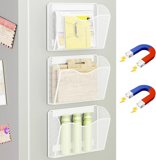 Magnetic File Holder - Heavy Duty Wall File Organizer for Refrigerator & Whiteboard - Strong Magnet Mail Holder & Magazine Rack, No Drilling Document Storage Basket for Office Cabinet