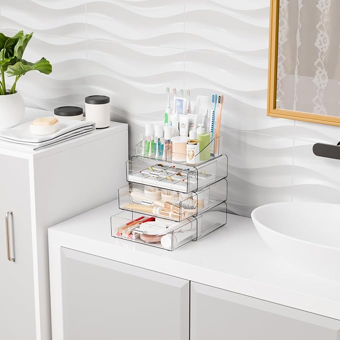 Yieach Clear Acrylic Makeup Organizers Countertop for Dresser,Desk,Bathroom Vanity,4 Tier Stackable Make up Holders and Makeup Cabinet,Tiered Cosmetic Storage and Make up Containers for Palette,Brush