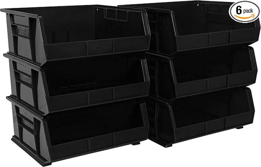 Akro-Mils 30250 AkroBins Plastic Storage Bins, 15"x16"x7", Black, 6-Pack | Space-Saving Stackable Bins for Garage, Pantry, Craft Organization