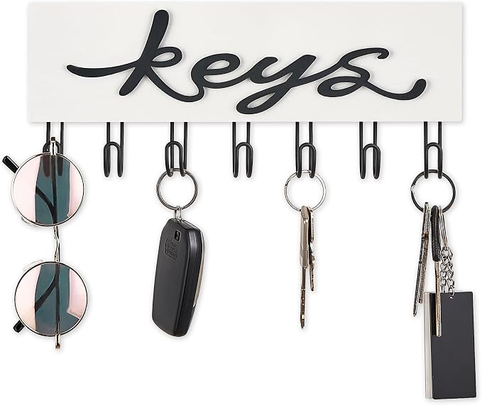 Mkono Key Holder Wall Mounted with 7 Hooks, Wood Key Hanger Home Decor | Decorative Key Hook, Easy Install, Storage Car Key Dog Leashes Sunglasses, Easy-To-Find, Entryway Mudroom Hallway Office Door