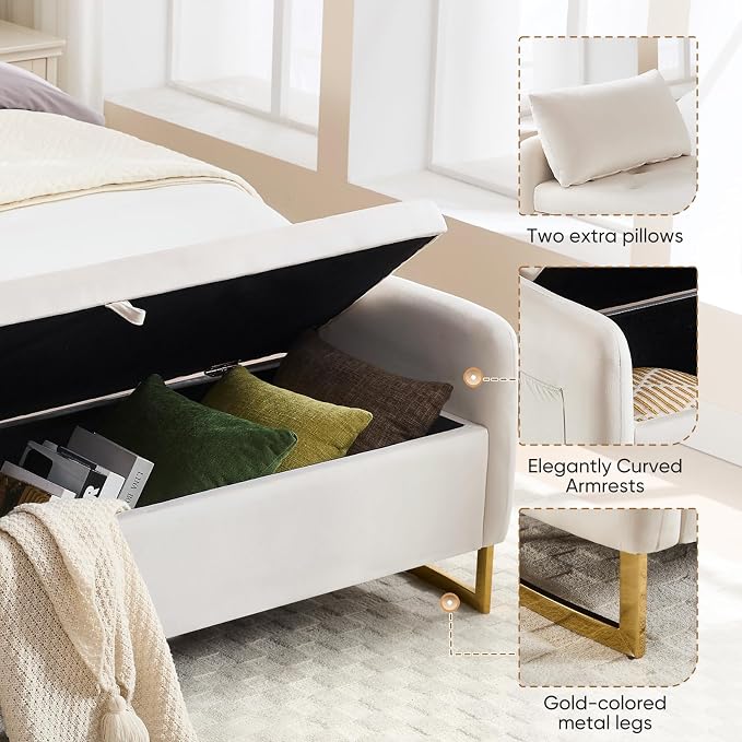 65" End of Bed Storage Bench, Velvet Storage Bench for Bedroom, Bed Bench with Storage, Tufted Upholstered and Gold Legs, Bedroom Benches with Arms for Living Room Window and Entryway Beige