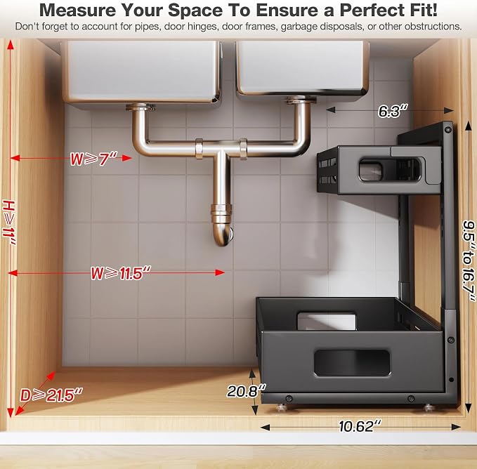 2 Pack 21IN-Depth Under Sink Organizer,Pull Out Cabinet Organizer With Smooth Cylindrical Rail,Metal Slide Out Drawer for Kitchen Bathroom Laundry,8-Level Tool Free Height Adjustable-Black