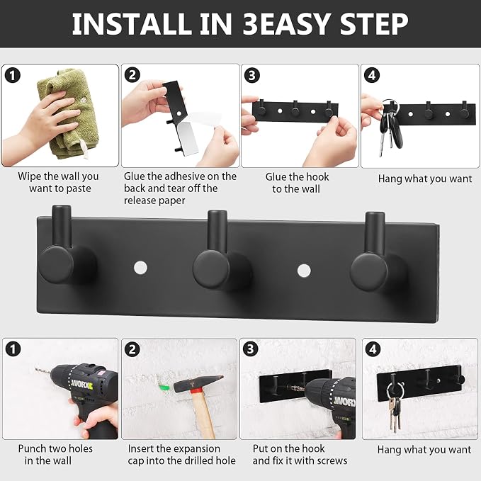 Stainless Steel Wall Key Holder Set of 2 - 3 Key Hooks Modern Hanger for Home, Kitchen, Entryway, Hallway, Office, Cabinet, Bathroom (Black)