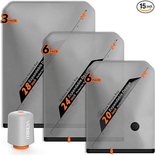 Vacbird Rechargeable Wireless Pump Travel Storage Bags Set - Portable Space Saver Bags for Travel & Home - Vacuum Compression Packing Seal for Clothes, Blankets, Seasonal Storage 15 Combo Set