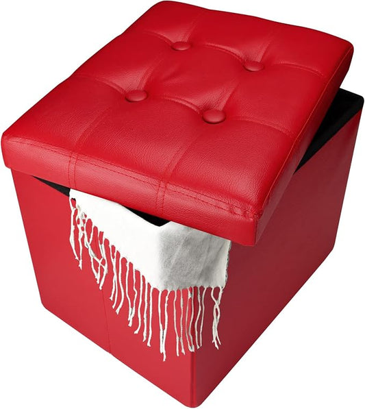 Bsketa Storage Ottoman, Folding Foot Stool with Thicker Foam Padded Seat Small Leather Storage Ottoman Bench Foot Rest for Living Room Foldable Coffee Table 17x13x13in,Red | Ottoman with Storage, Thicker Foam Padded Seat, Living Room, Dorm, Bedroom, Lo...