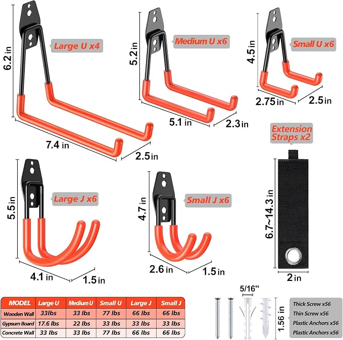 MKRUI 30-Pack Garage Hooks for Storage & Hanging Items, Save Space | Hangs Bikes, Ladders, Ropes, Hoses, Tools; for Garage, Warehouse, Shop, Shed, Yard