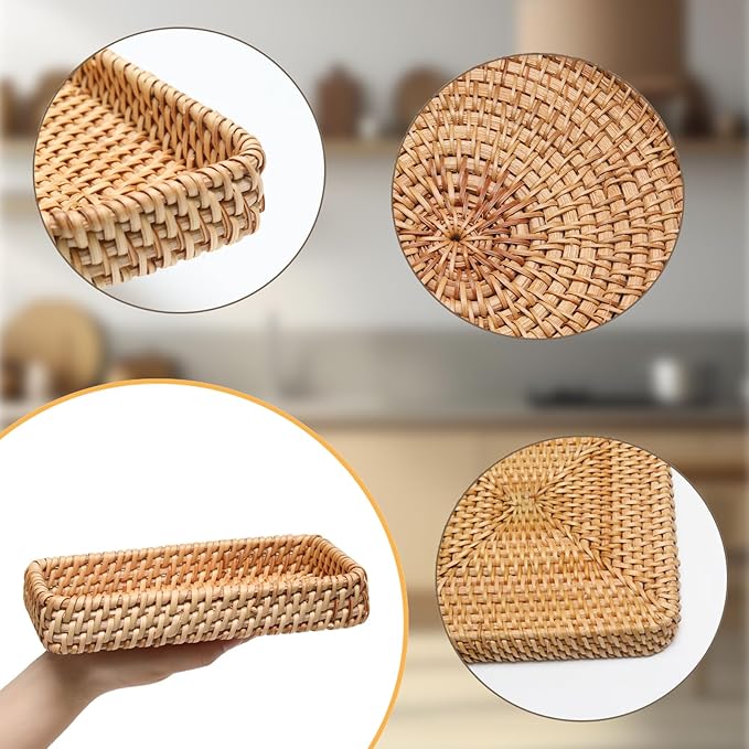 8 Inch Small Rattan Basket Natural Handwoven Tray for Keys Decor | Natural Handwoven Wicker Tray for Jewelry Keys Entryway Coffee Table Bathroom Vanity Wedding Christmas Housewarming Gift