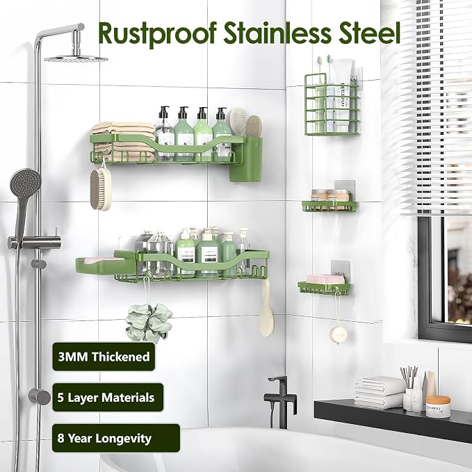 NESOMI Shower Caddy Adhesive Shower Organizer 7-Pack, Rustproof Stainless Steel Bathroom Shelves, Large Capacity No-Drill Rack Storage Accessories with Soap Dish Toothbrush Holder Hooks