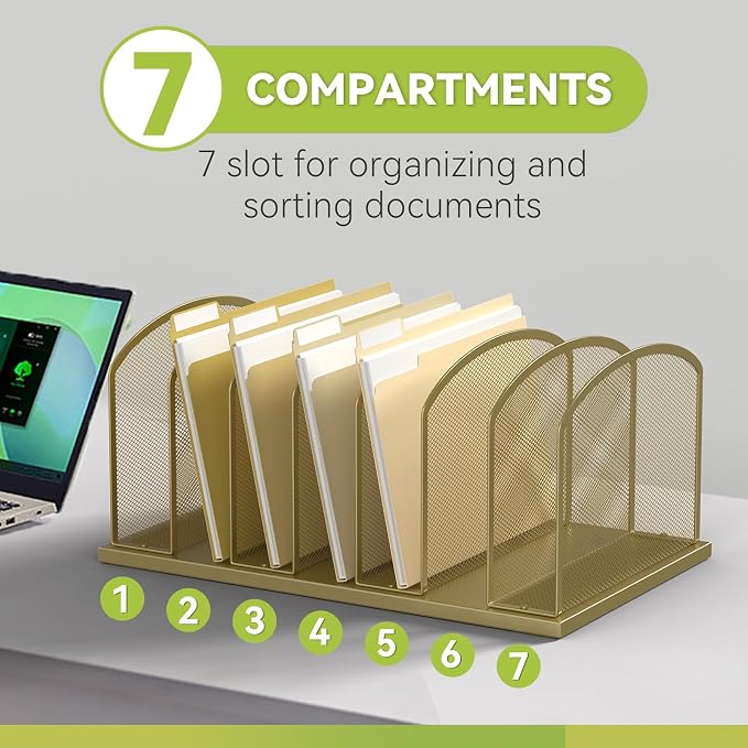 Desk File Organizer Vertical 7 Sections Mesh File Sorter Paper Storage Organizer for Desk, Office Organization File Holder Rack, Gold