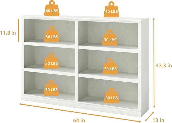 64" W Double Wide Open Shelf Bookcase, 3 Tiers 6 Storage Cube Book Shelf | Horizontal bookshelf, Display Cabinet Organizer Indoor Furniture, Home Library Office, White Adjustable Shelf