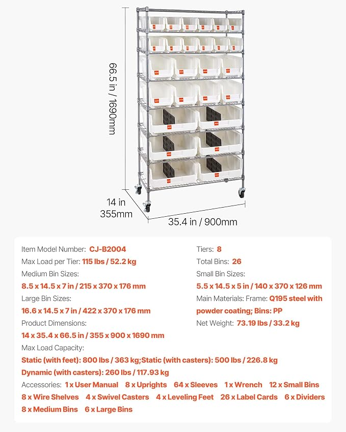 VEVOR 8-Tier Rolling Bin Storage Rack, 26 Organizer Bins, Bin Rack Storage Steel Wire Shelving System with Wheels, Mobile Tool Organizer for Garage, Warehouse, Office, Restaurant, Classroom, Kitchen
