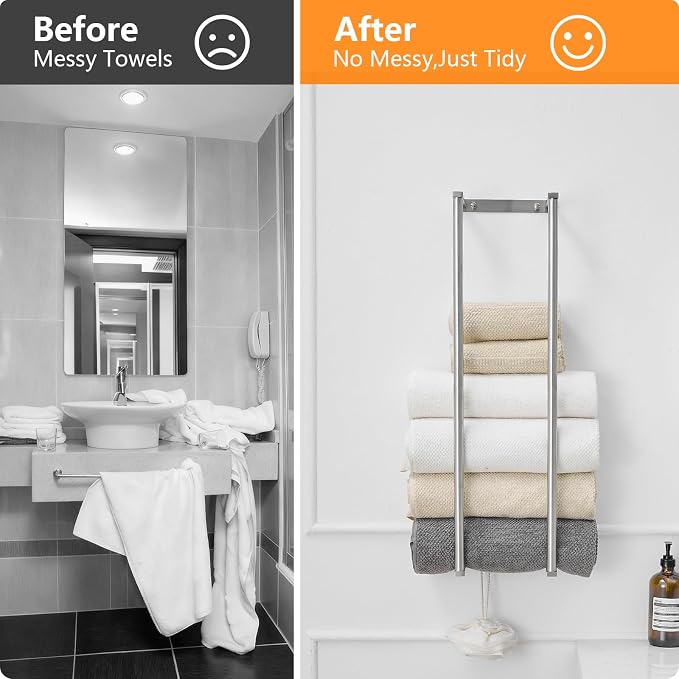 BWE Brushed Nickel Towel Rack Bathroom 28" Towel Holder for Rolled Towels | Stainless Steel Wall Mounted Towel Storage for Bathroom with 2 Hooks, 6 Large Bath Towels Capacity