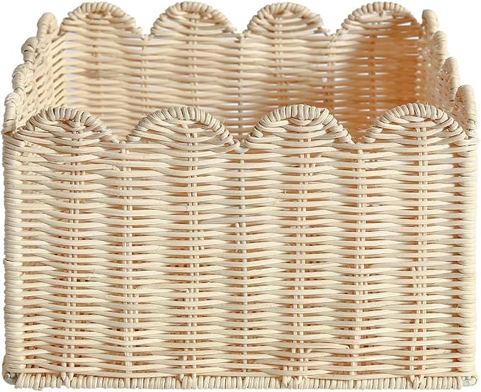 Scalloped Basket, Wicker Storage Baskets, Hand Woven Baskets for Shelves,Natural Baskets for Organizing (Rattan&S-9.5" L x 9.5" W x 5.6" H)