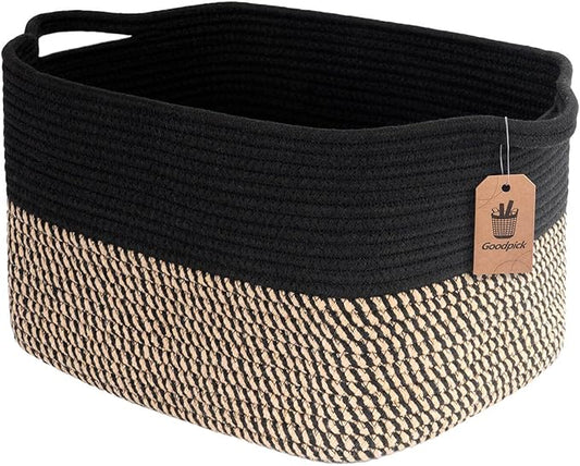 Goodpick Woven Storage Basket for Shelves, 13" x 10" x 9", Black Jute | Stylish Gift Basket for Office & Home, Wicker Baskets for Books, Toys & Towels Storage, Nursery & Bedroom Closet Organization