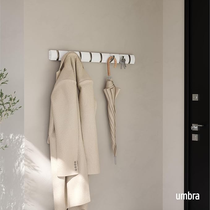 Umbra Flip Coat Rack, Wall Mount 8-Hook, Space Saving, White | Real wood and steel build, retractable hooks fold flat, holds coats bags and scarves, easy install