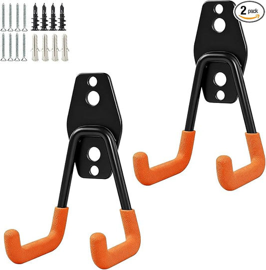 GeeWatom 2 Pack Garage Storage Utility Hooks，Garage Garden Tool Organizer，Steel Wall Mount Hooks, Garden Small U Hooks (Matte Orange)