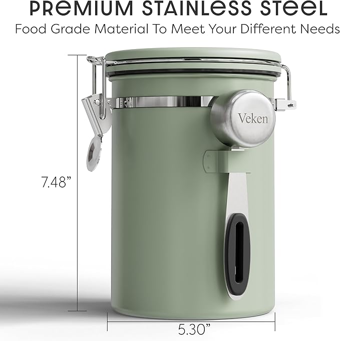 Veken Coffee Canister with Window, Airtight Stainless Steel Container, 22OZ | Date Tracker,Kitchen Food Storage Organizers for Beans, Ground, Espresso, Rice,Tea, Sugar,Cereal, Gifts,Lids,Jars,Scoop,Green