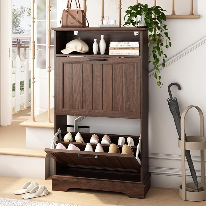 24" W Hidden Shoe Storage Cabinet with 2 Flip Drawers & Open Storage | Farmhouse Modern Shoes Rack Cabinet,Adjustable Shelves, Narrow Slim Shoes Organizer for Front Door Entrance, Entryway, Walnut