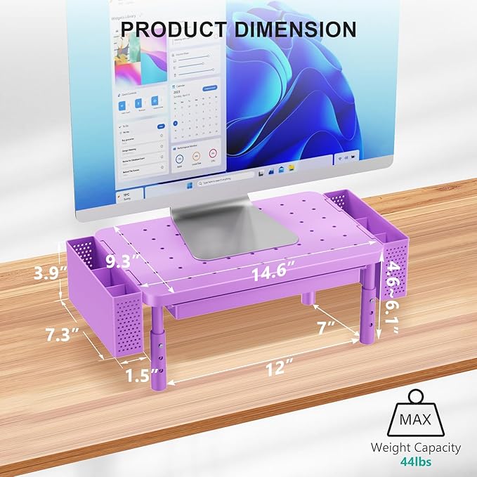 WALI Computer Monitor Stand with Storage, Desk Organizer with Drawer and Pen Holder, Desk Monitor Riser 3 Height Adjustable, Laptop Riser for Laptop, Printer (PTT003-V), 1 Pack, Violet