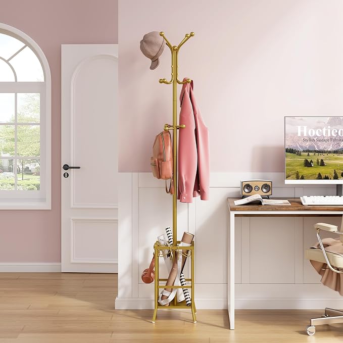 Hoctieon Coat Rack Freestanding, Coat Tree with Umbrella Holder | Metal Coat Rack Stand with 12 Hooks, Standing Coat Hanger Stand, Umbrella Stand for Entryway, Hat Rack Stand for Home Office