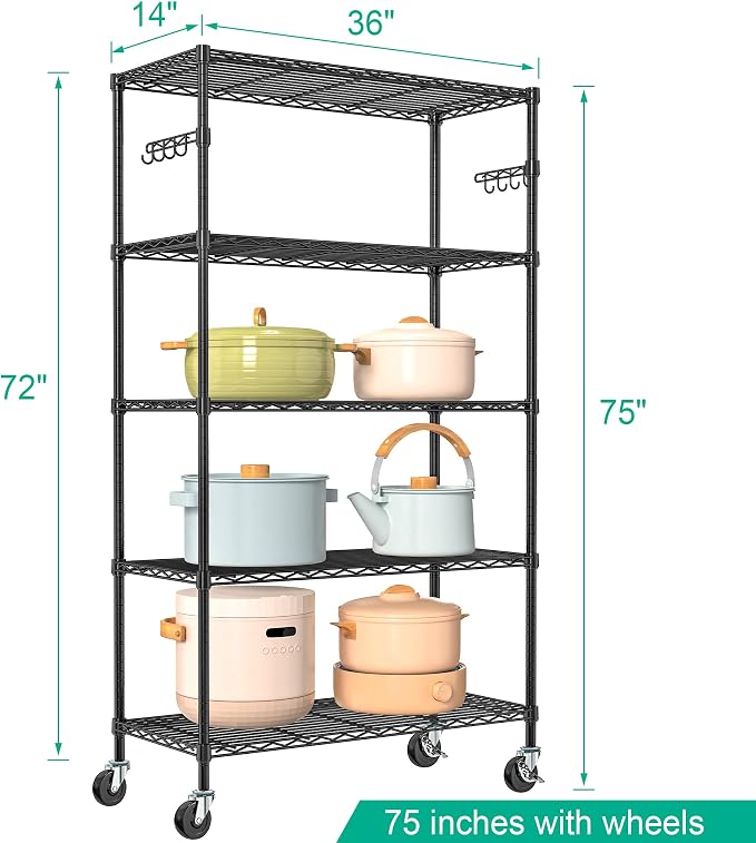 5 Tier Metal Shelving Unit Wire Storage Shelf with Wheels(14D x 36W x 75H) | Rolling Shelf Adjustable Utility Storage Rack Heavy Duty Wire Shelving Organizer for Kitchen Pantry Garage Basement, Black