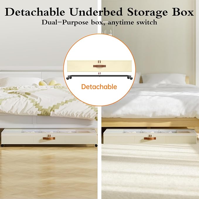 Yecaye 85 L Under Bed Storage with Wheels, 2 Pack Under Bed Storage Containers with Adjustable Dividers & Lids, Large Rolling Underbed Organizer Bins Drawers for Clothes, Shoes, Blankets Toys, Beige
