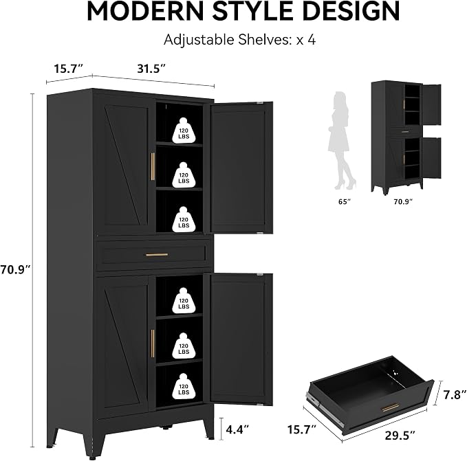COFaR 71" Metal Pantry Cabinet with Drawer, Black Storage Cabinet with Adjustable Shelves, 3-Section Industrial Cupboard for Kitchen & Office