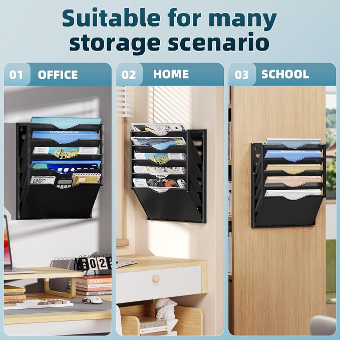 Marbrasse 5 Tier Wall File Organizer, Plastic Hanging File Holder for Mail, Magazines Paper Organizer Wall Mounted for Office Home (Black)