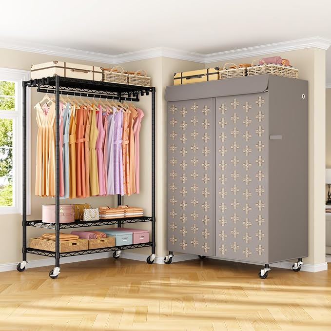P6C Plus Rolling Clothes Rack with Cover, Covered Clothing Rack | Portable Closets for Hanging Clothes, Heavy Duty Garment Rack on Wheels, Black Closet Rack with Pattern Cover Max Load 375LBS