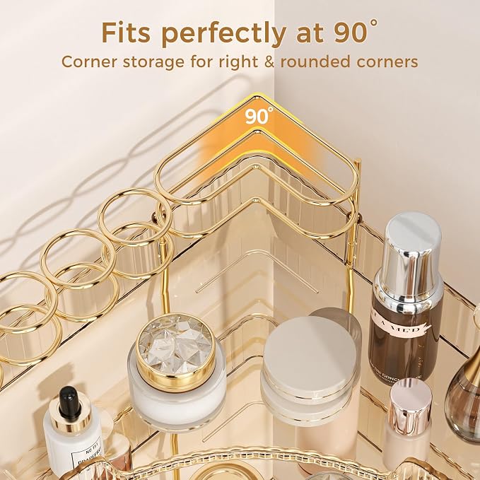 BEFSOP Corner Bathroom Counter Organizer, Upgraded 3-Tier Makeup Organizer Countertop with Makeup Brush Holder, Skincare Exquisite Vanity Organizers Countertop Bathroom Storage Dresser(GOLD)