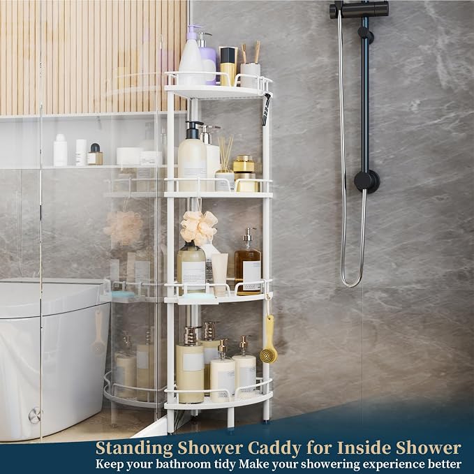 Consumest Corner Shower Organizer Stand - 4 Tier Shower Caddy with Soap Holder, Standing Tall Floor Shower Stand with Adjustable Feet & 4 Hooks, Shower Shelf Rack Storage for Bathroom White