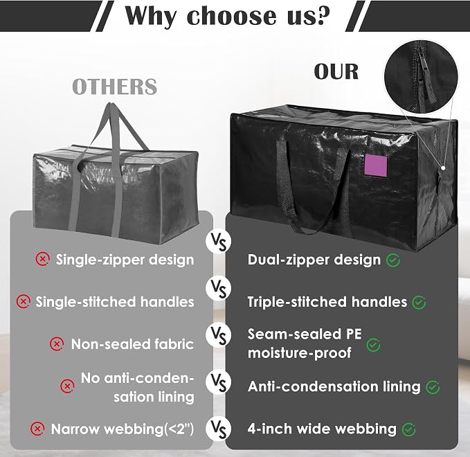 6 Pack Moving Bags with Full-Open Side Zipper, Extra Large 93L Heavy Duty Waterproof Foldable Storage Totes for College Dorm, Moving & Home Organization Black