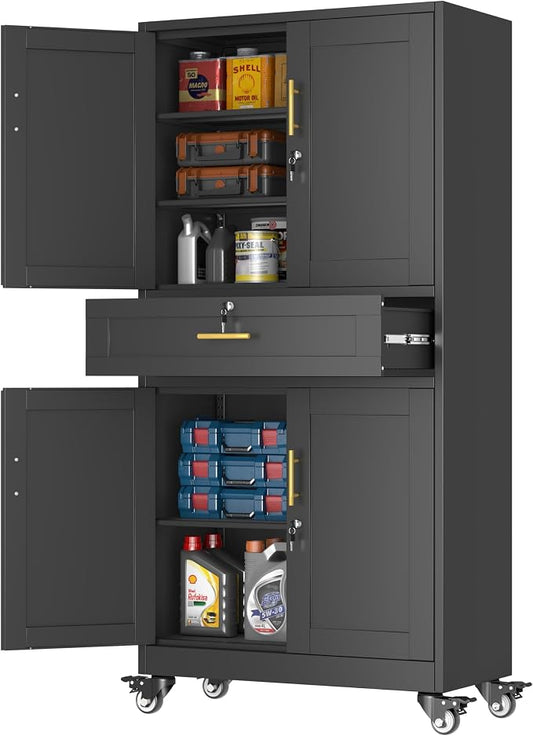 PAOFIN Metal Tall Storage Cabinet with Drawer, Garage Storage Cabinet | with Locking Doors and 3 Adjustable Shelves, 74" H Steel Cabinets for Garage, Home, Office, Black, Assembly Required