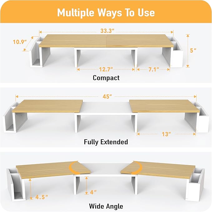 Simple Houseware Desk Dual Monitor Stand Riser with Drawer, Oak | Customizable Organizer Tray, Built-In Phone & Tablet Slot and Side Storage