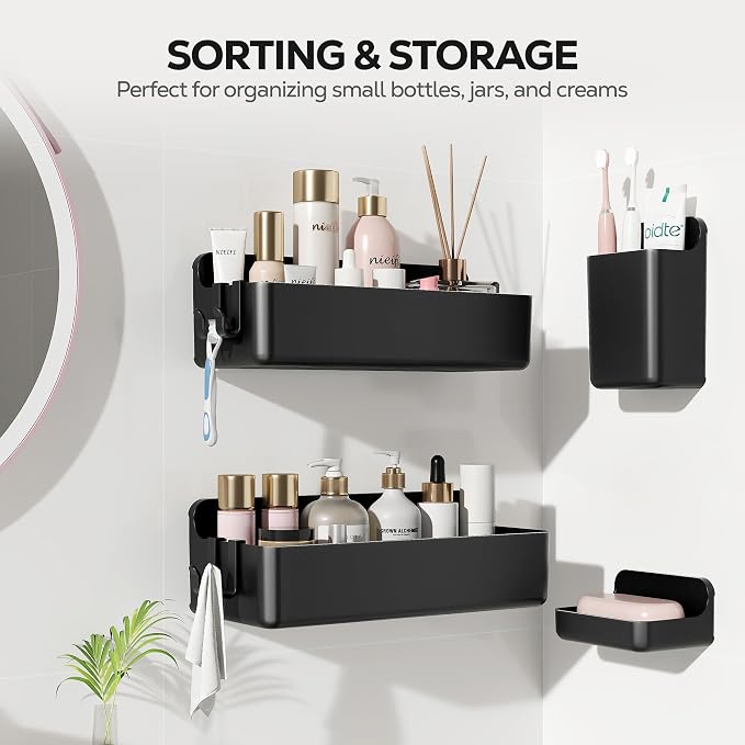 Nieifi Adhesive Shower Shelves, Black, 4 Pieces | Rustproof ABS, Large Capacity, Removable Design, Easy-Clean, No Drilling Shower Organizer for Bathroom Storage & Home Decor