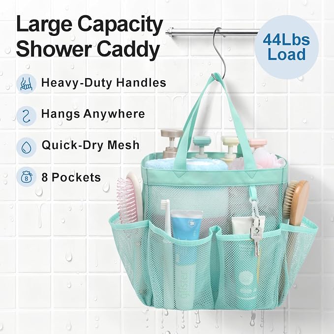 Mesh Shower Caddy Portable - 8 Pockets, S-Hook, Shower Bag for Dorm Camping | 2-Handle, Quick-Dry, Hanging Toiletry Organizer, College Dorm Room Essentials for Girls, Gym, Travel & Bathroom, Sage Green