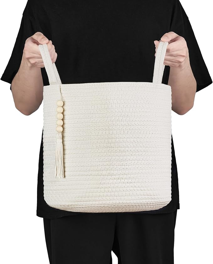 Mkono Woven Storage Basket with Handles Decorative Cotton Rope Basket Wooden Bead Decoration for Blankets,Toys,Clothes,Living Room Home Decor, 11", White | White, Cotton, Decorative Basket with Handle, Wood Beads Tassel, Shoes Towel Clothes Storage Bin...
