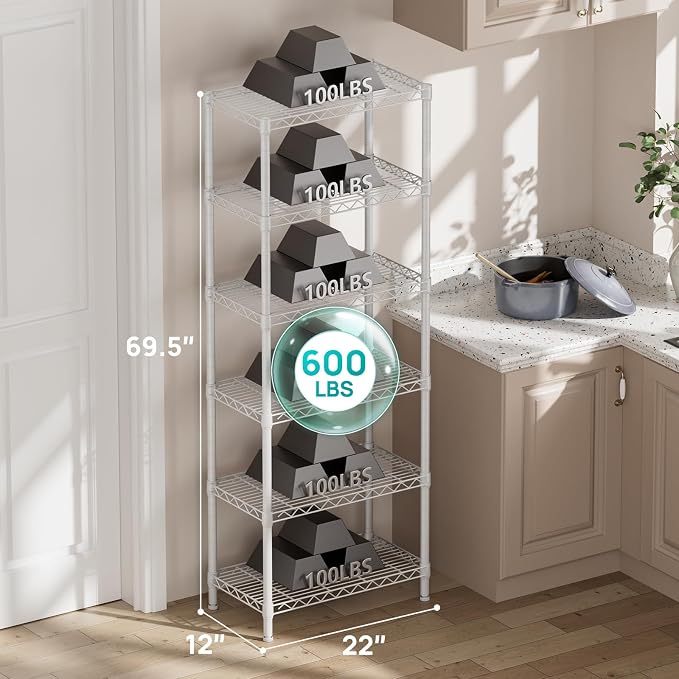 SINGAYE 6 Metal Shelves Wire Shelving Storage Shelf Adjustable Unit Pantry | 6 Tier Kitchen Laundry Room Organization Home Pantry Closet Bathroom Organizers Garage Rack 12" D x 22" W x 69.5" H White