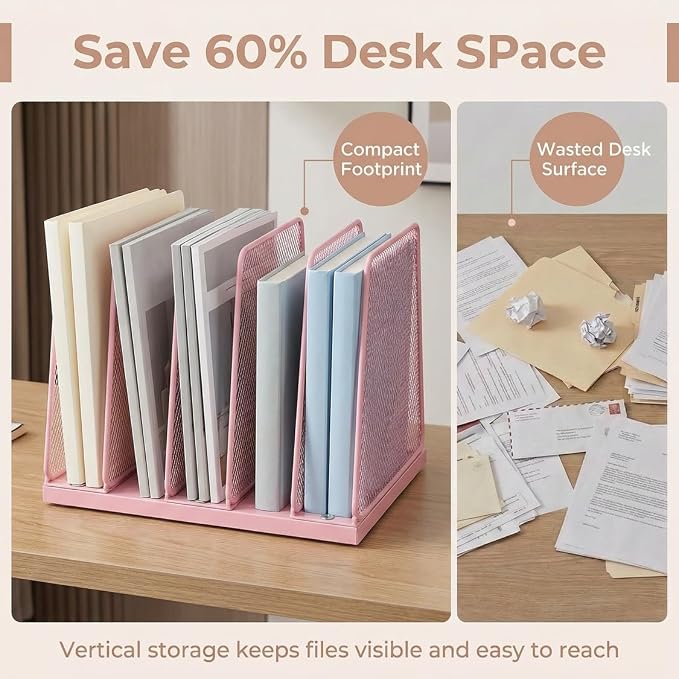 5-Section Vertical File Organizer for Desk, Sturdy Wood Base & Metal Mesh Desktop File Holder, Upright Paper Folder Sorter for Office Supplies（Pink）
