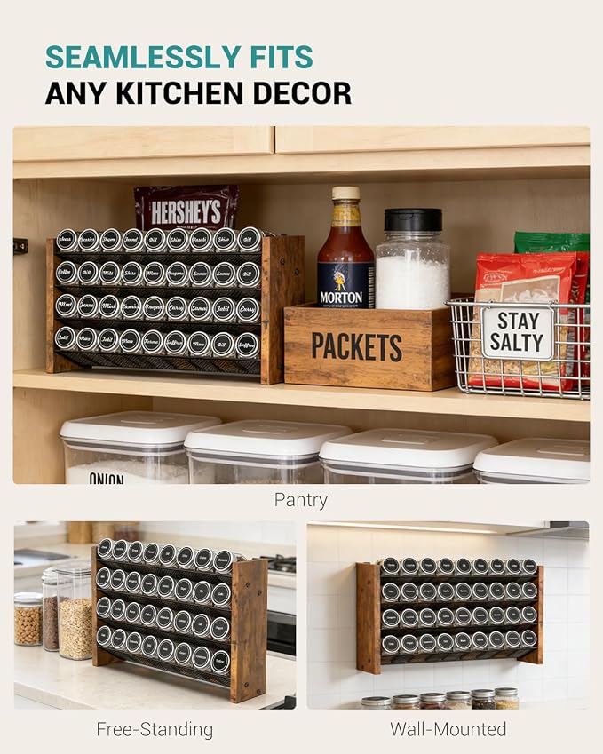 NESAPTO Spice Rack Organizer with 36 Glass Spice Jars, Wood 4-Tier Seasoning Organizer with Labels for Cabinet, Pantry, Countertop or Wall Mount, Chalk Marker and Funnel Set, 17.2" W × 9.4" H