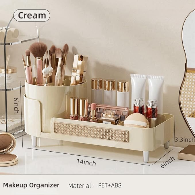 Booklov Rotating Makeup Organizer for Vanity Countertop, Cream | Plastic Cosmetic Display Case, Large Beauty Brush Holder for Bathroom Counter, Skin Care Perfumes Storage